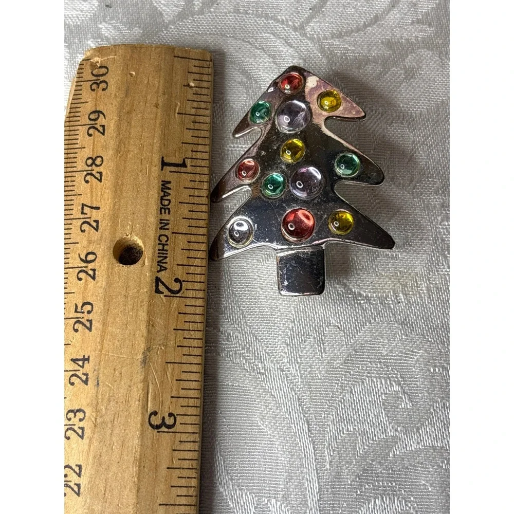 Silver Tone Christmas Tree Brooch Multi Color Cabochon Holiday Pin